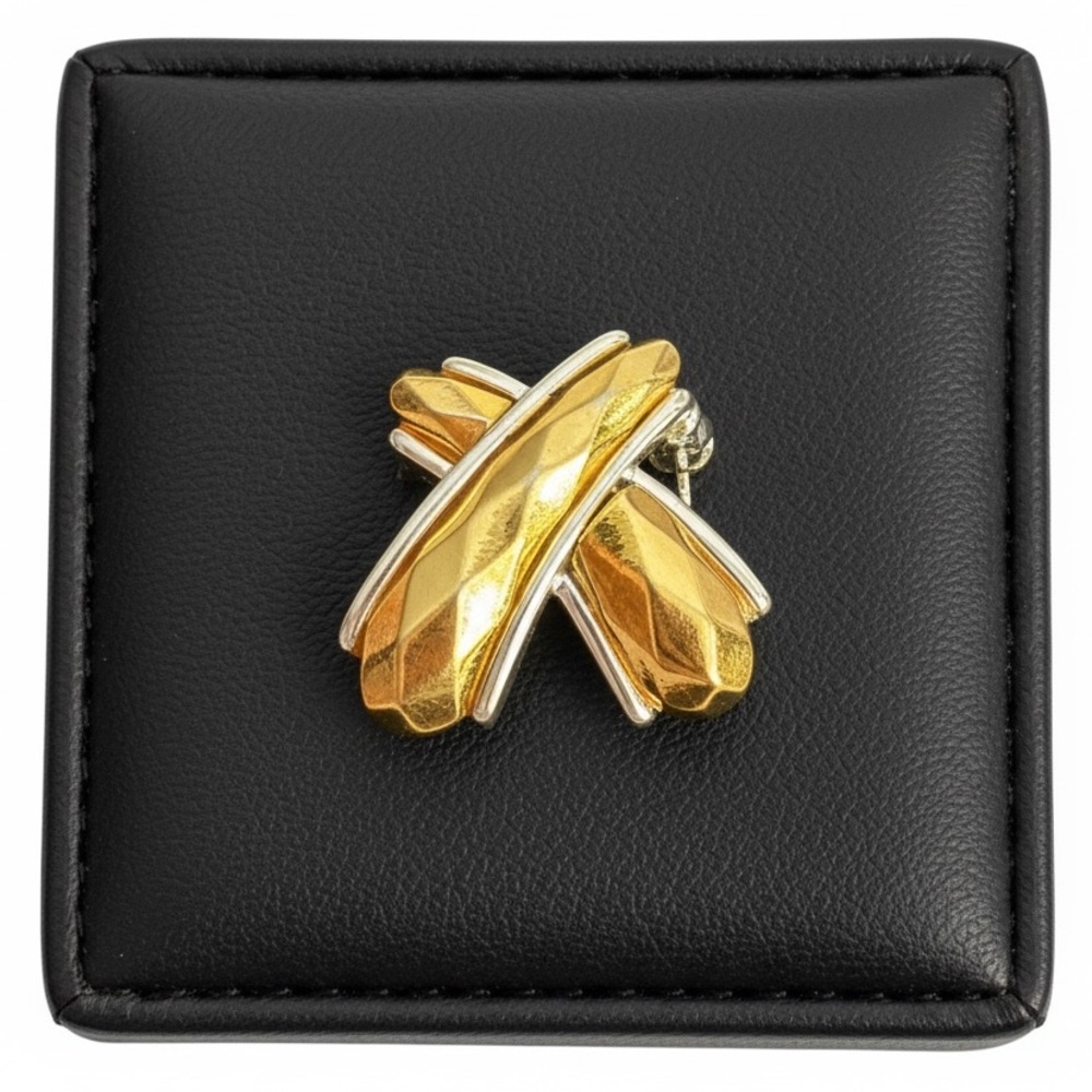 Anne Klein Signed AK Gold Tone Textured Crossed‎ Ribbon Brooch Pin